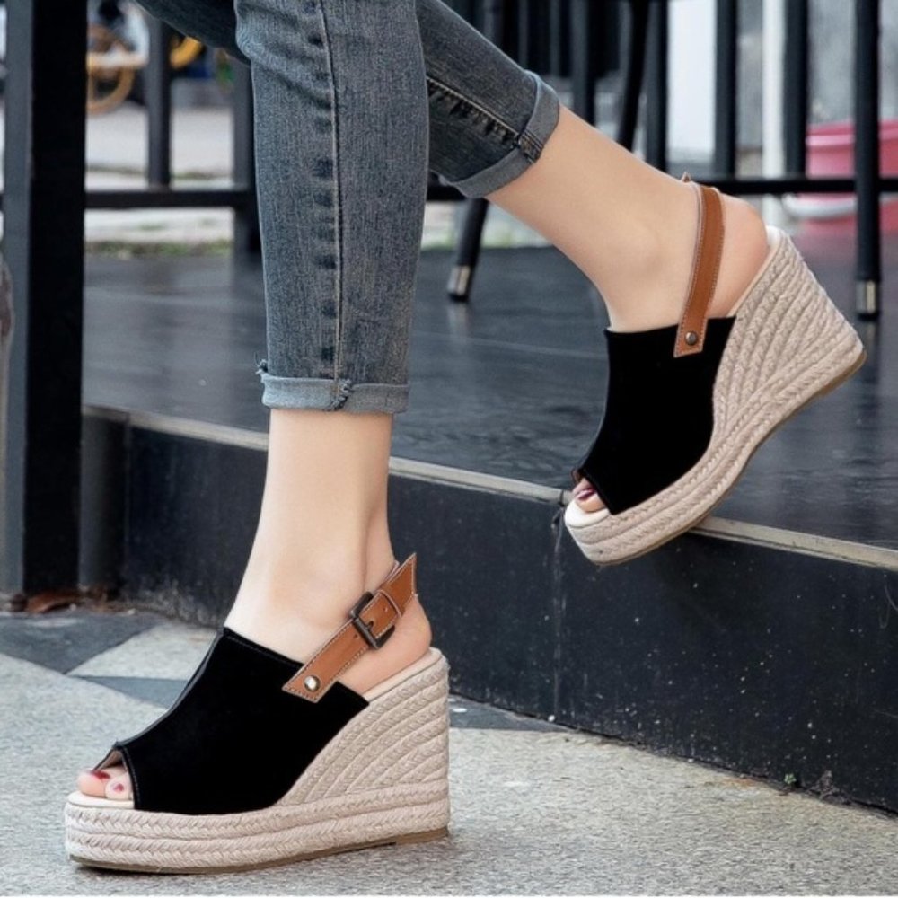 Dolcetta Selma Black Suede Peep Toe Wedge Espadrille Sandals